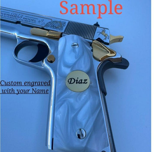 1911 Grips *FREE NAME ENGRAVING* 24k Gold Plated Medallion inlayed Pearl Grips 38 super 45 acp