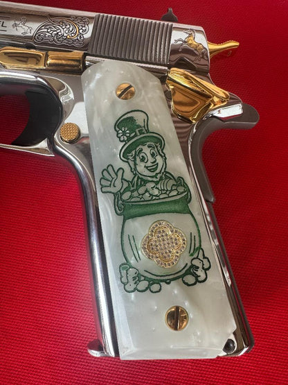 1911 Grips Engraved Pearl Grips Leprechaun Charm inlayed 24k Gold Plated 45 acp