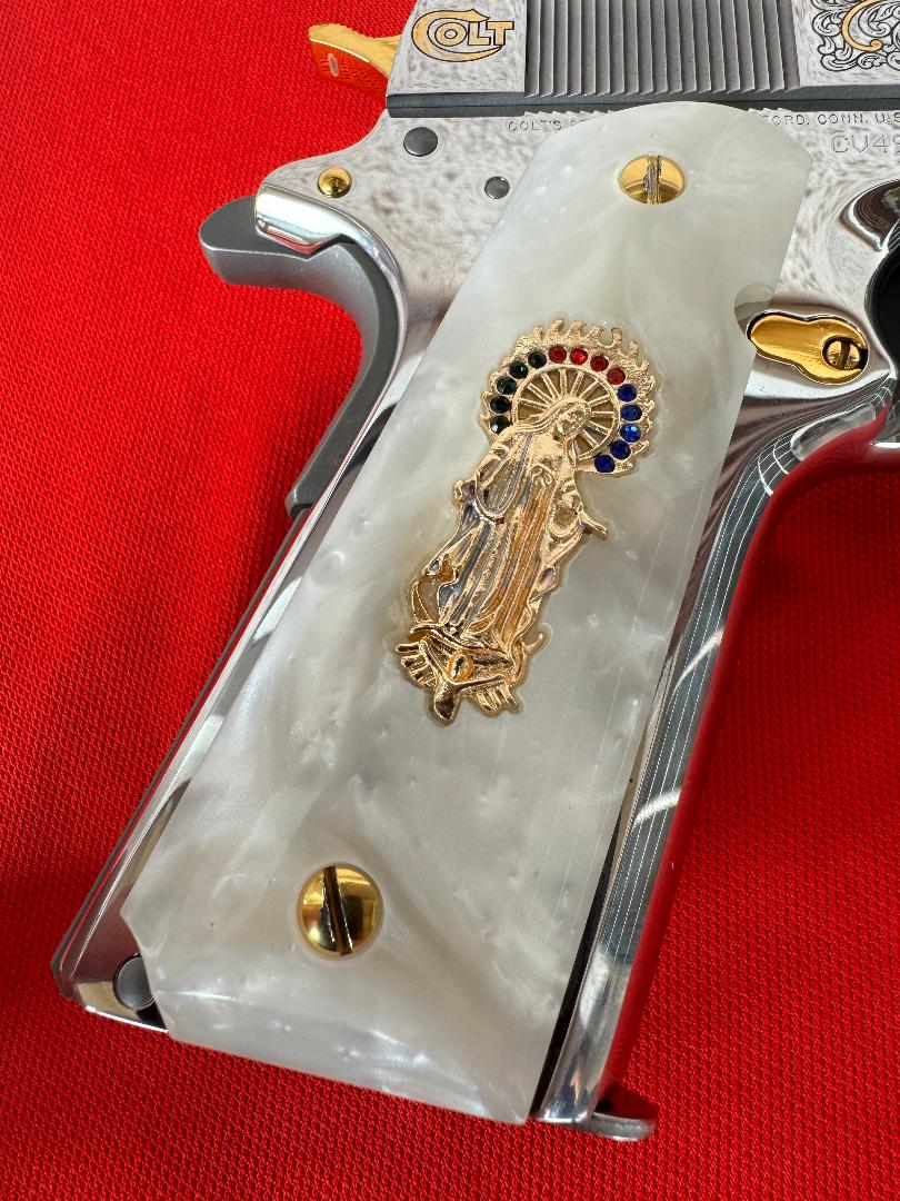 1911 Pearl Grips Engraved Grips Virgin Mary inlayed 24k cz stones Gold Plated 45 acp