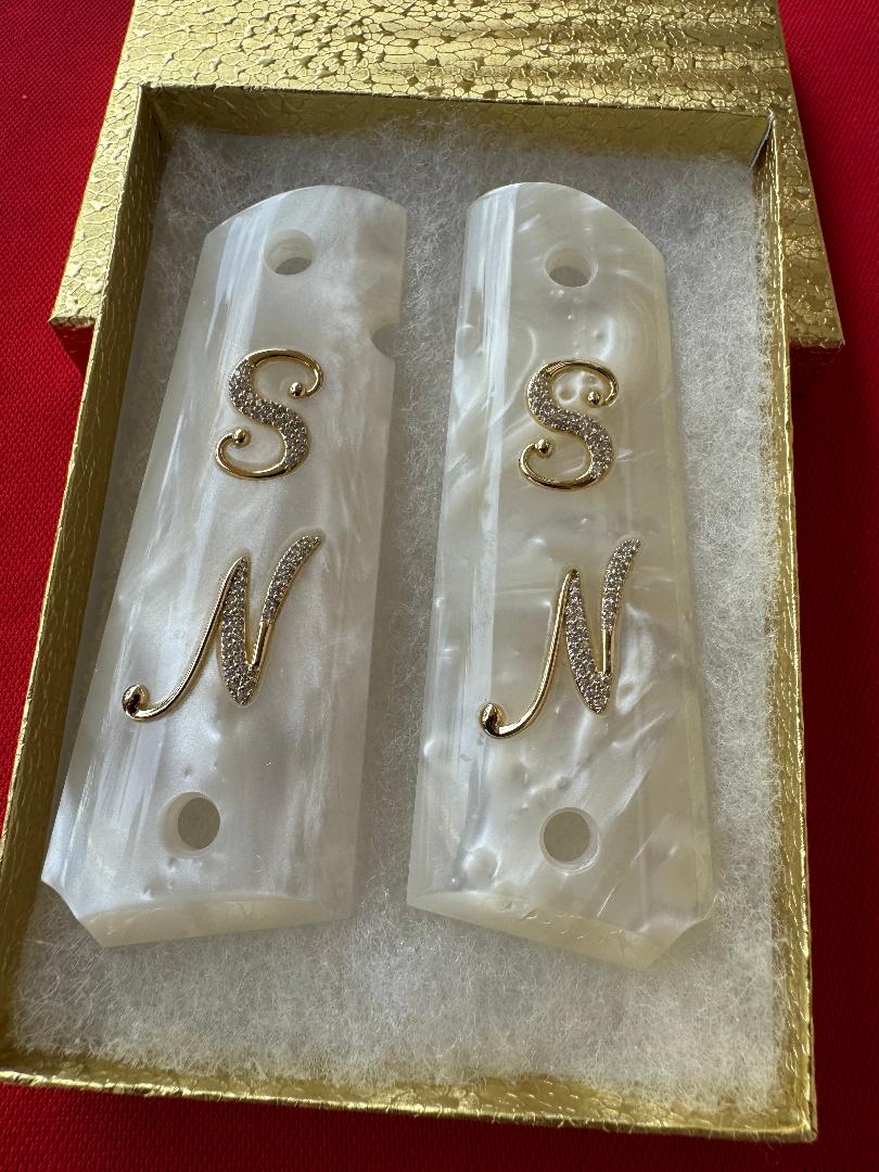 1911 "S" and "N" initials 24k Gold Plated Inlayed CZ stones Grips  White Pearl Grips